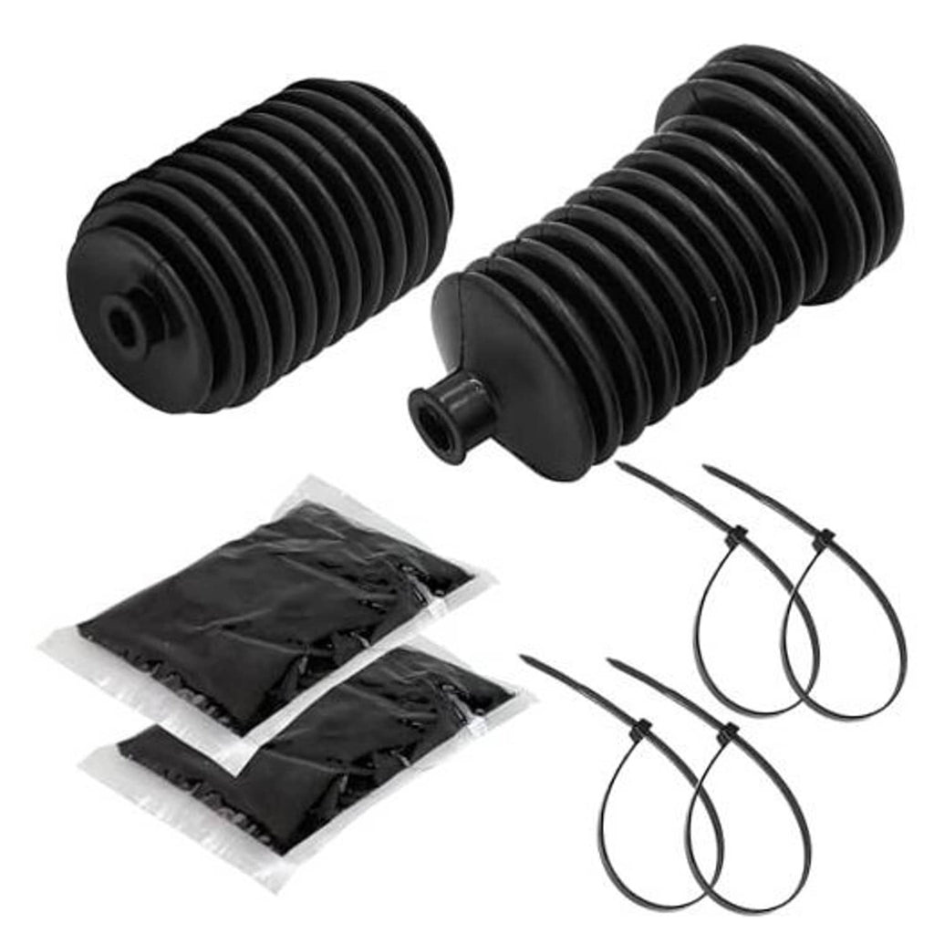 Steering rack boot kit with two black accordion boots, rings, and clamps