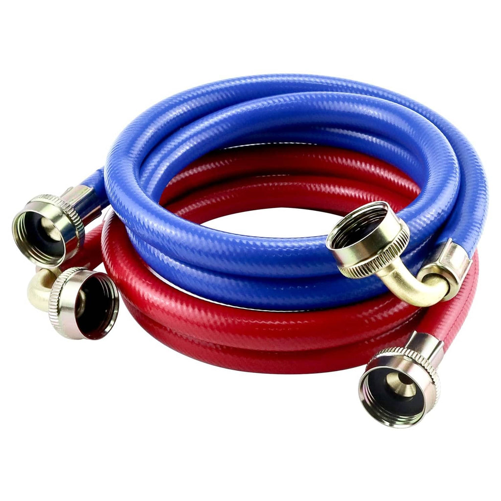 Blue and red rubber washing machine hoses with brass swivel ends and elbow, 4 ft