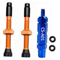 Orange Presta tubeless valve stem kit with black base, two stems and blue cap piece