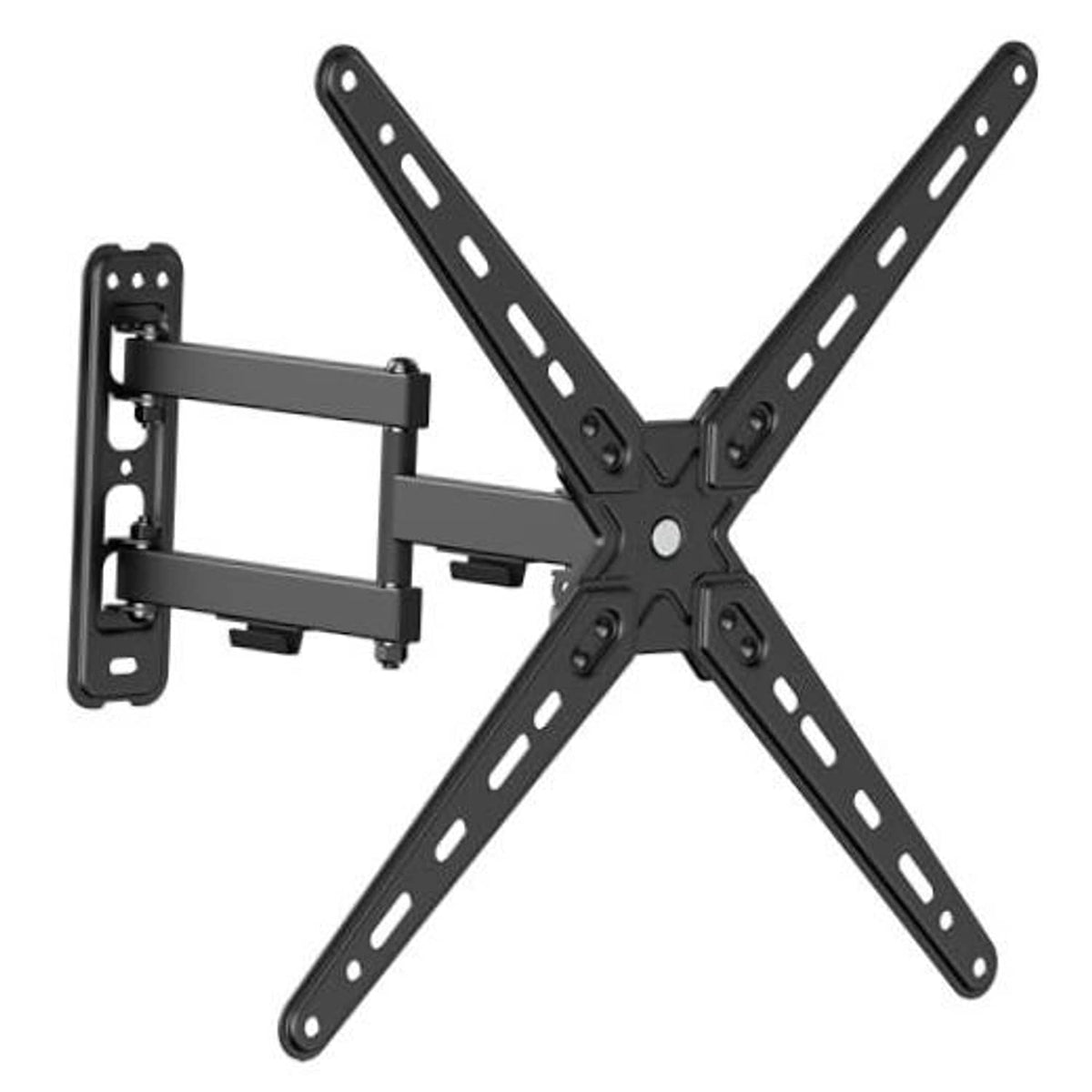 Black full-motion TV wall mount with wall plate and cross-arm bracket