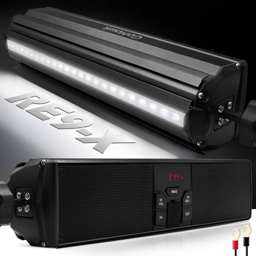 Black motorcycle Bluetooth speaker bar with built-in white LED light strip.