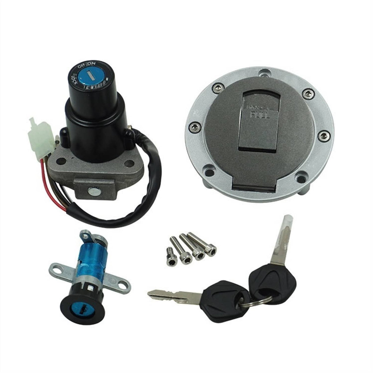 Black ignition switch and key set with fuel cap lock cylinder and mounting base