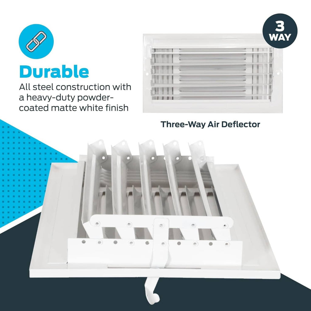 White three-way air deflector vent cover with louvered grille and deflector vanes