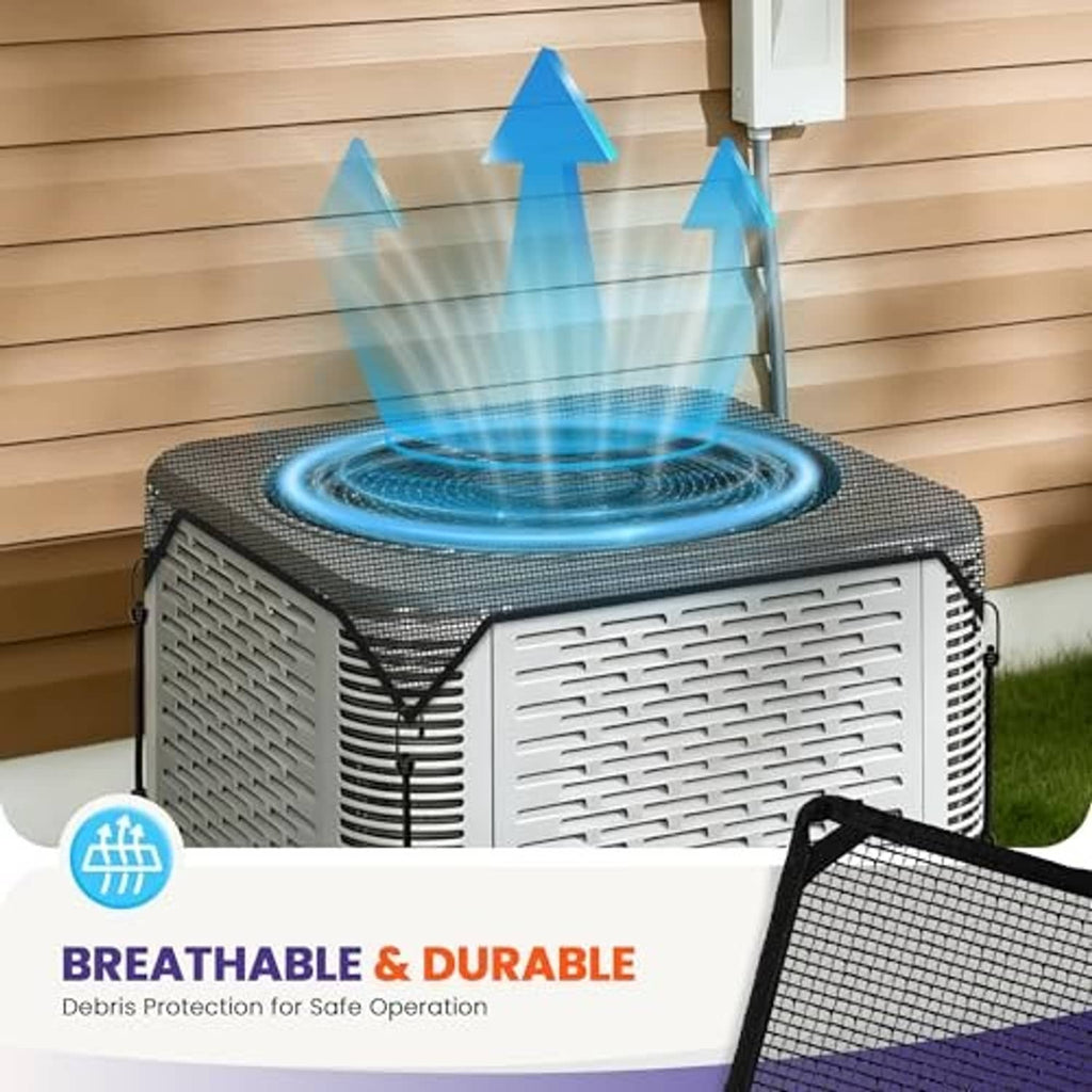 Black mesh air conditioner cover on outdoor unit, breathable airflow over top