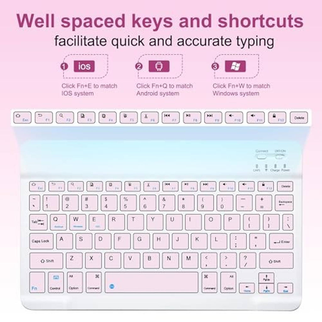 Close-up of pink keyboard keys and shortcut layout inside tablet case