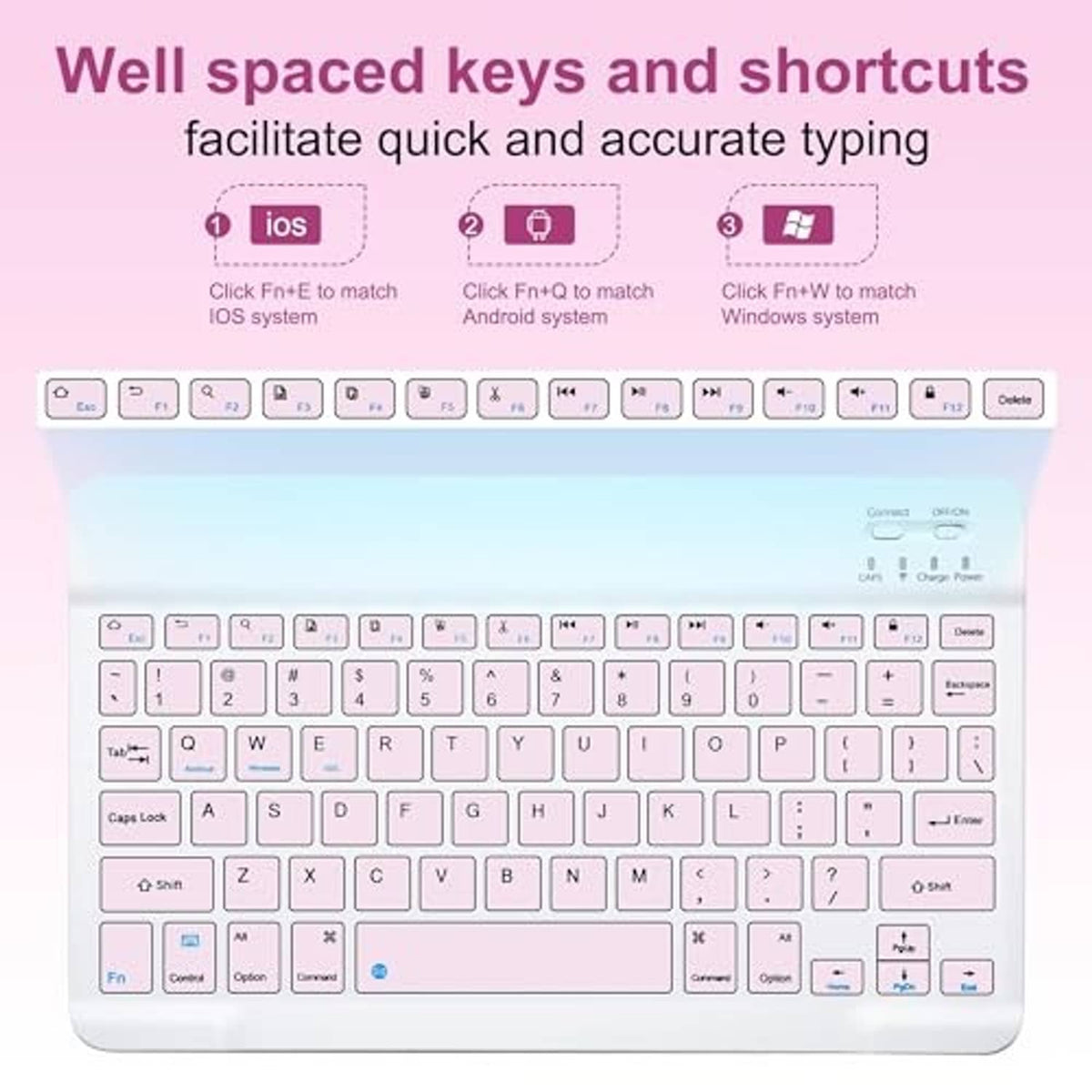 Close-up of pink keyboard keys and shortcut layout inside tablet case