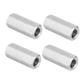 Stainless steel hex coupling nuts set of four, silver finish, female threaded bores