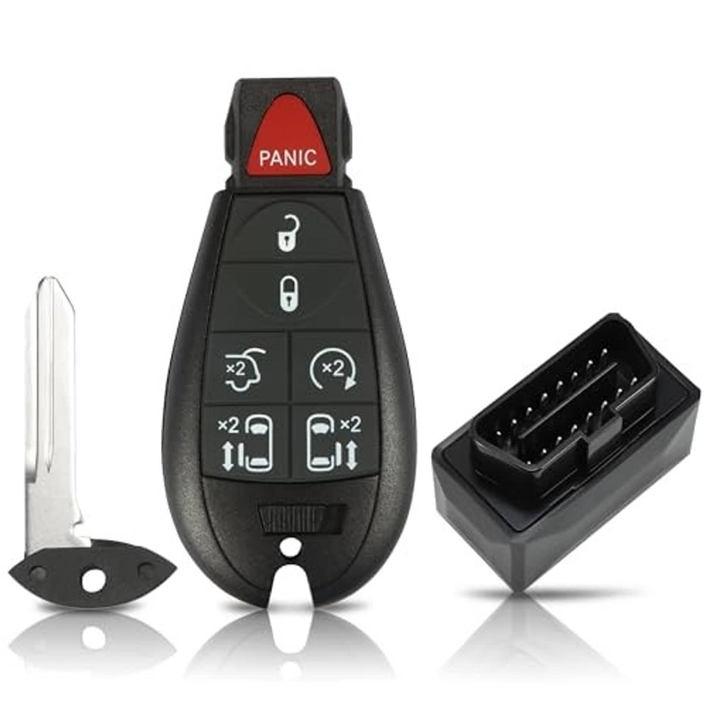 Black key fob remote with red PANIC button, key blade and button layout detail