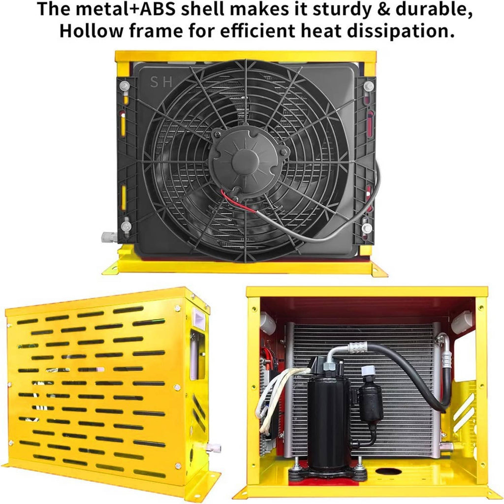 12V truck split AC condenser unit, black fan inside yellow metal housing