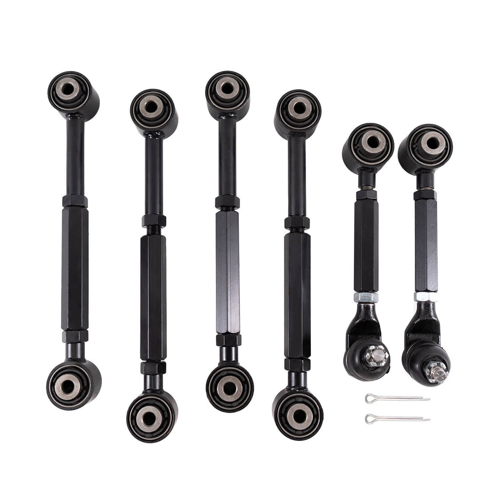 Black rear camber control arm set with ball studs and rubber bushing rod ends
