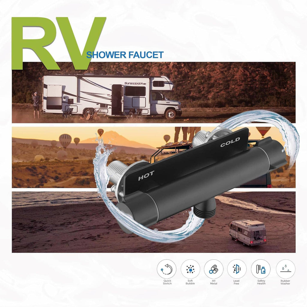 Matte black RV shower faucet valve with water stream and hot/cold labels