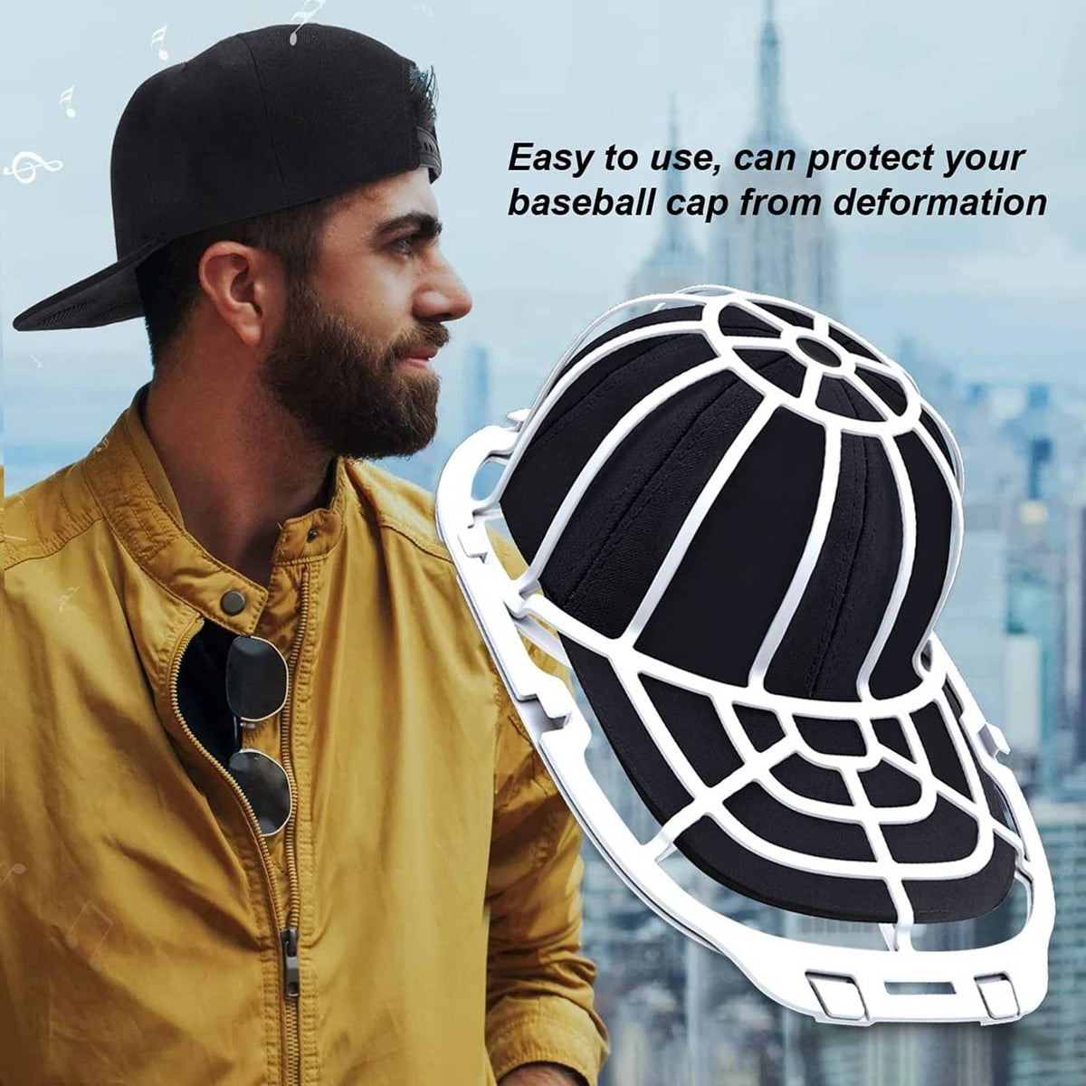 Hat washer frame beside a man wearing a black baseball cap, showing cap protection