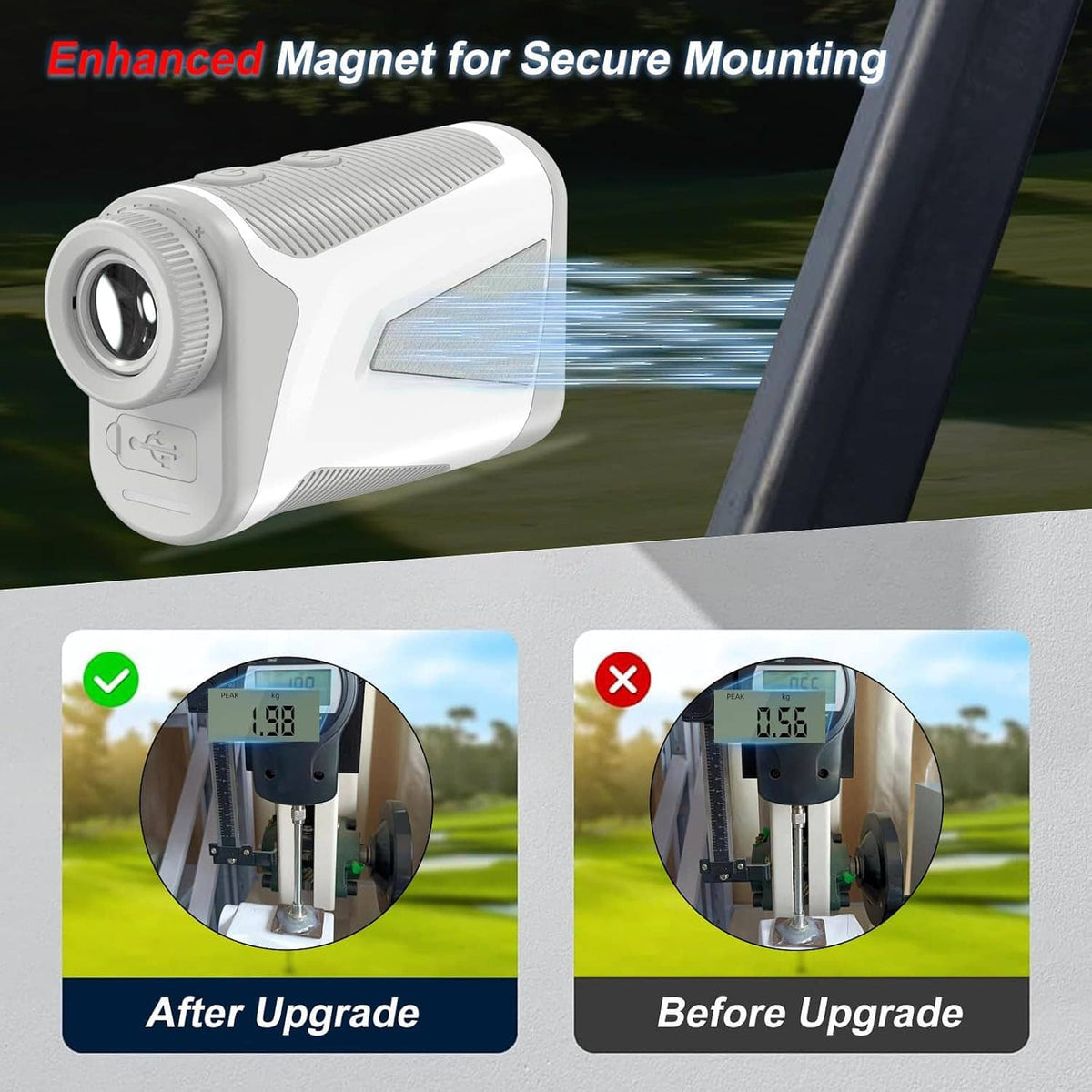White AquilaPro golf rangefinder showing magnet mount detail and measurement diagram