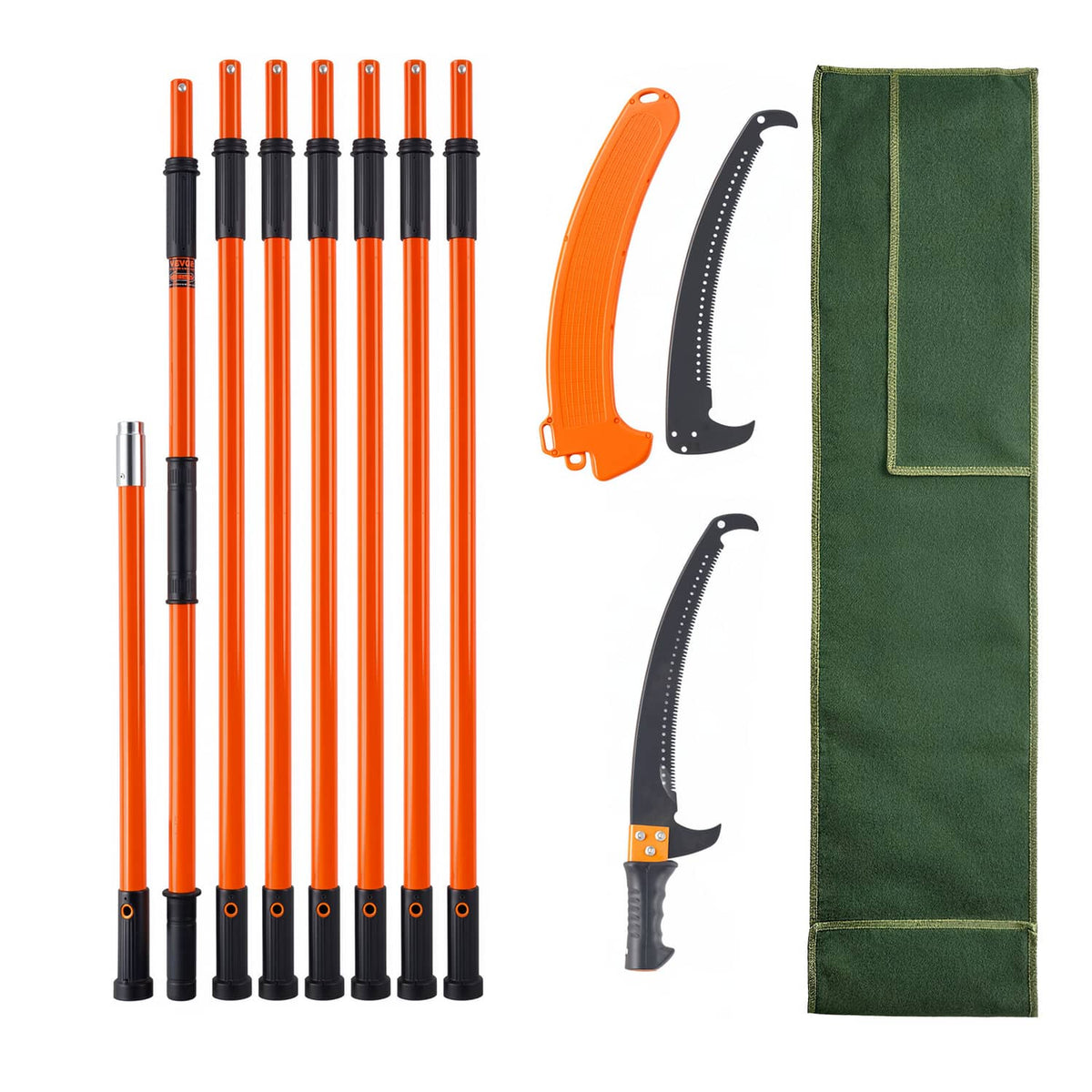Extendable pole saw pruner with orange telescopic pole, two hook blades, and green sheath