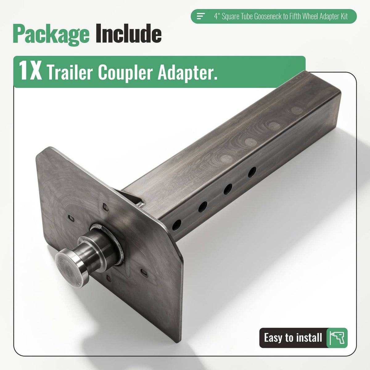 Steel trailer coupler adapter bar with front plate, roller pin, and mounting holes