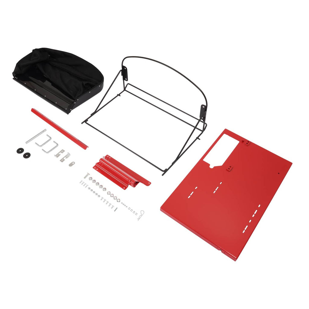 Catcher kit parts: black bag, red metal panels, wire frame, and fasteners