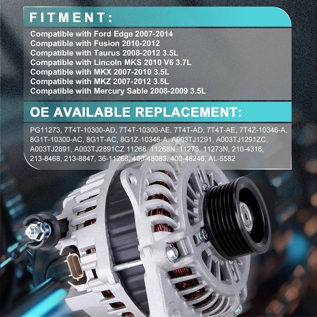 Automotive alternator closeup with black pulley, silver cooling fins, and mounting hardware