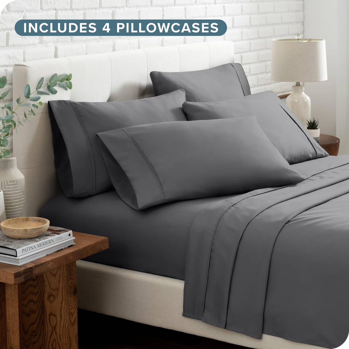 Grey king microfiber sheet set with four pillowcases and draped linens