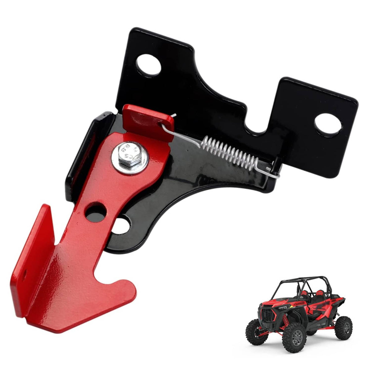 Red and black spring parking brake latch bracket with return spring and mounting tabs