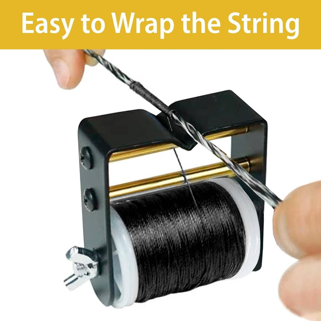 Bowstring serving thread jig with black thread spool and wrapping string