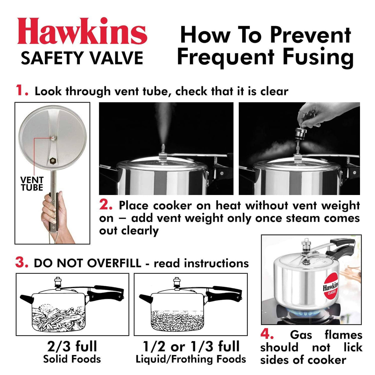 Safety valve troubleshooting diagram showing vent tube check and cooker placement
