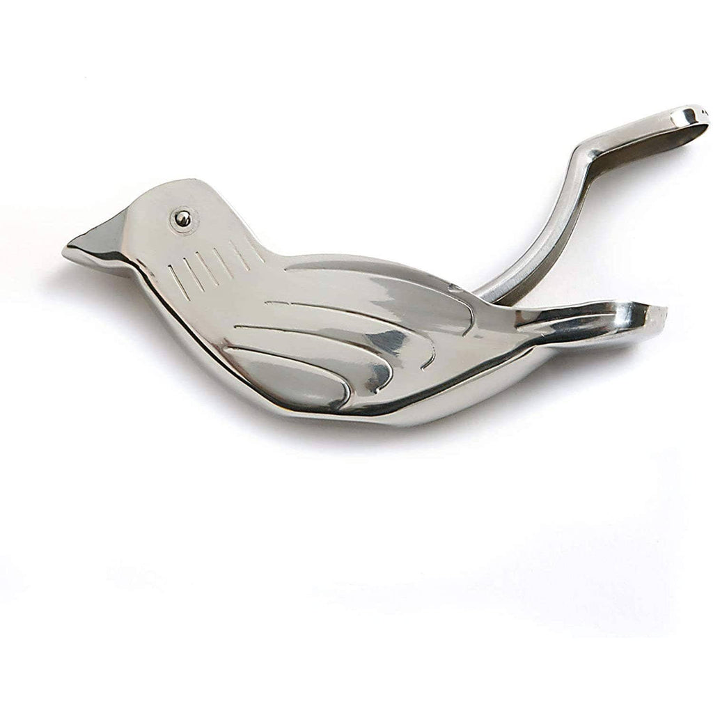 Stainless steel bird-shaped manual citrus juicer, side view with spout