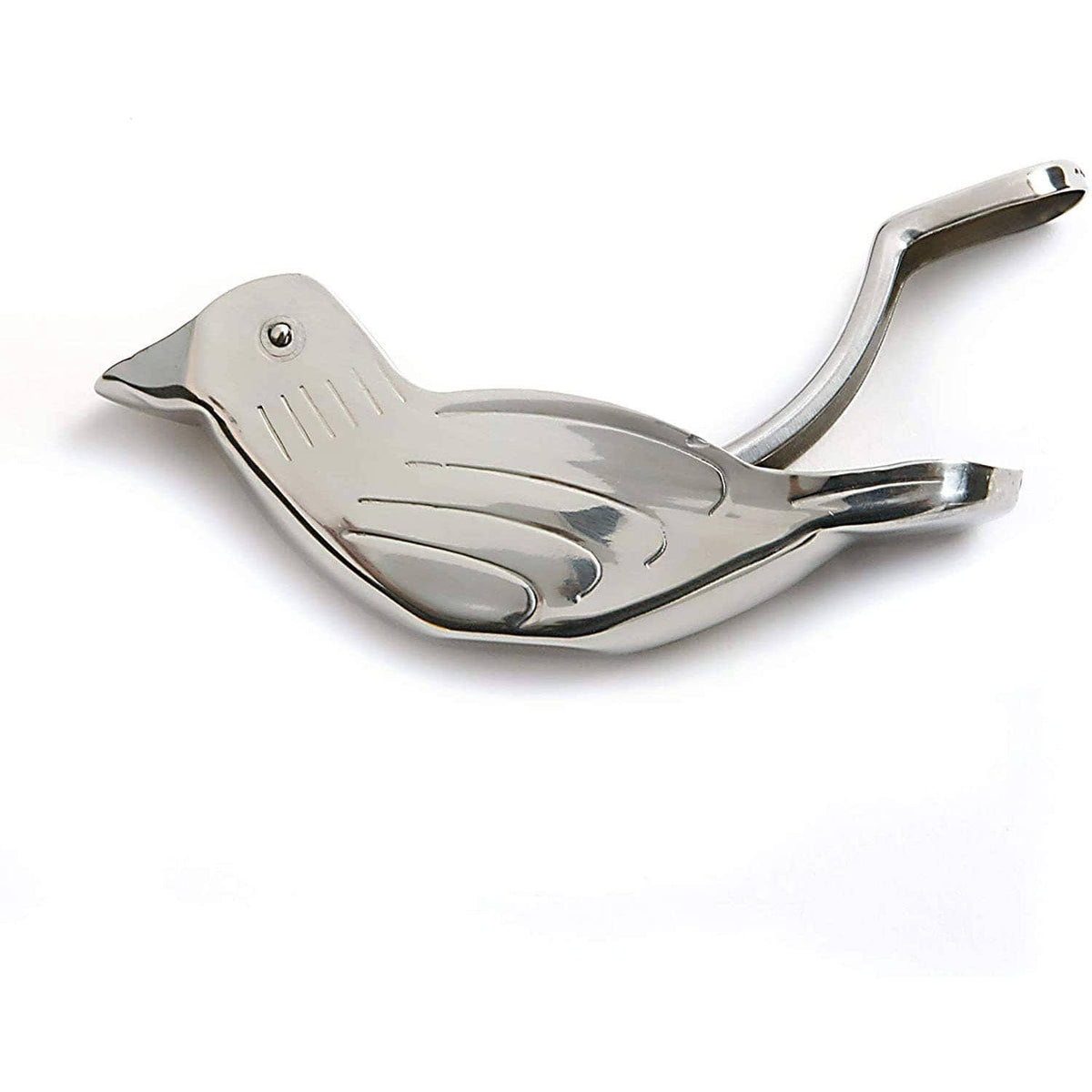 Stainless steel bird-shaped manual citrus juicer, side view with spout