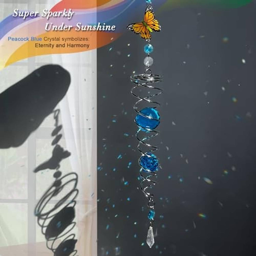 Butterfly wind spinner sun catcher with blue crystal spiral and dangling clear beads