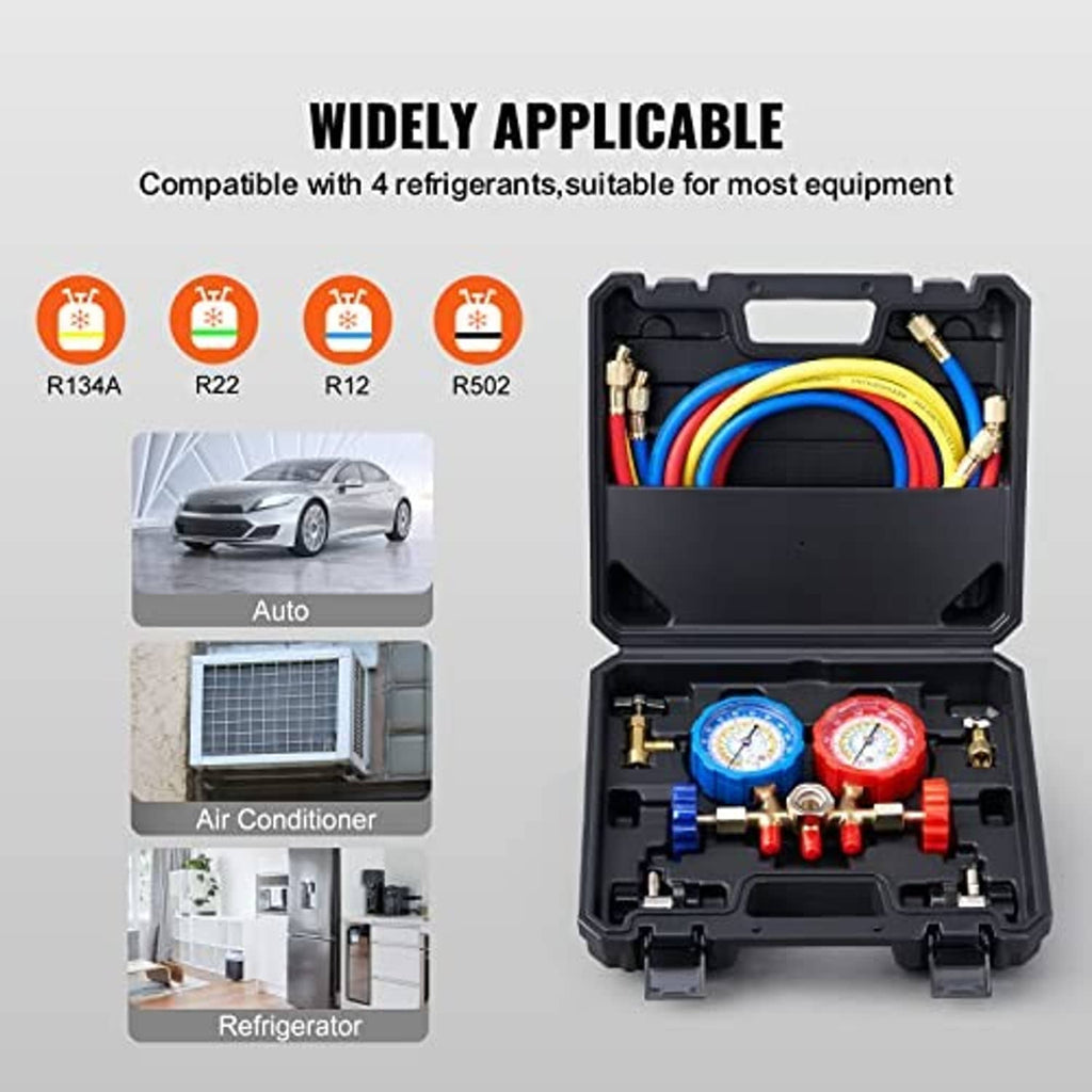 3-way manifold gauge set in a black hard case with two gauges and multi-color hoses
