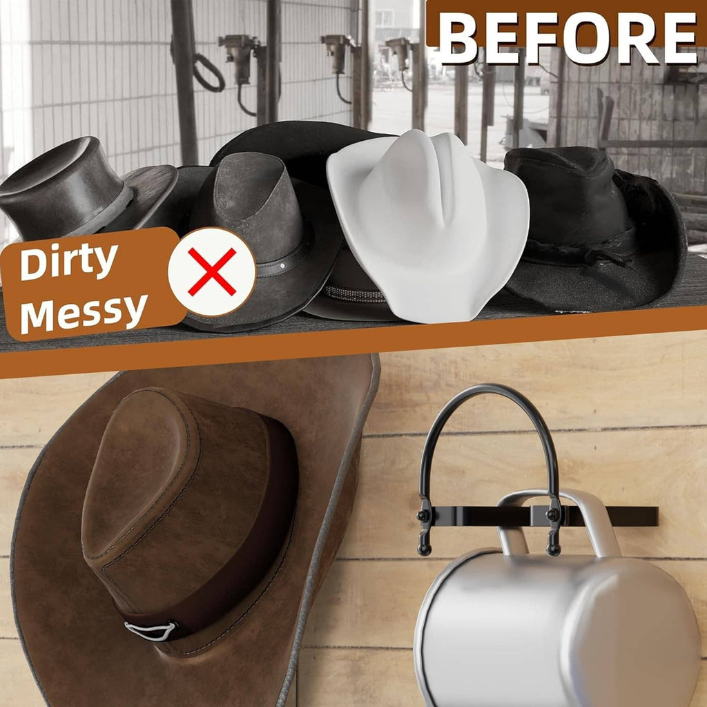 Black wall-mount hat rack with curved hooks holding a brown cowboy hat