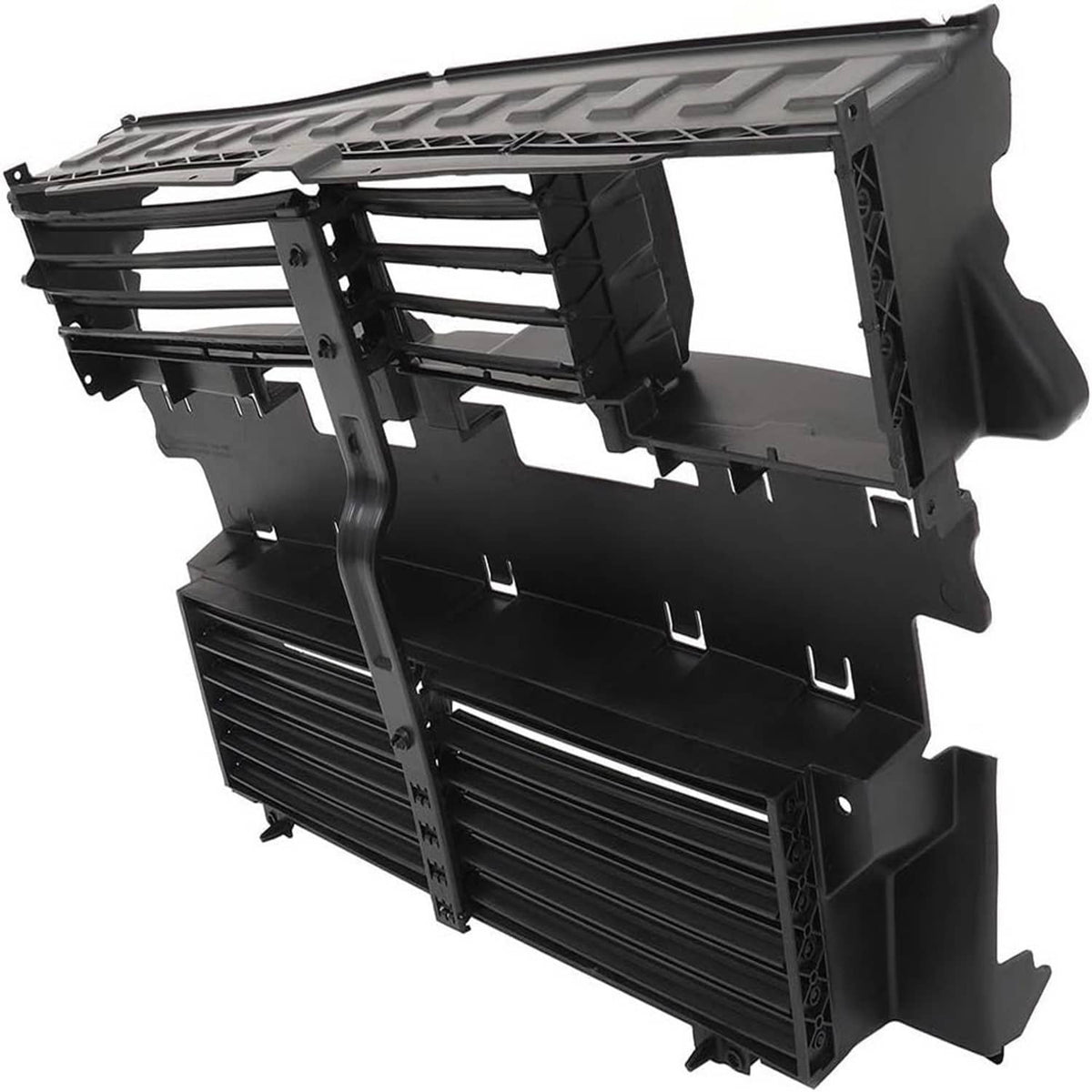 Radiator grille shutter assembly bracket frame with slat openings, black plastic