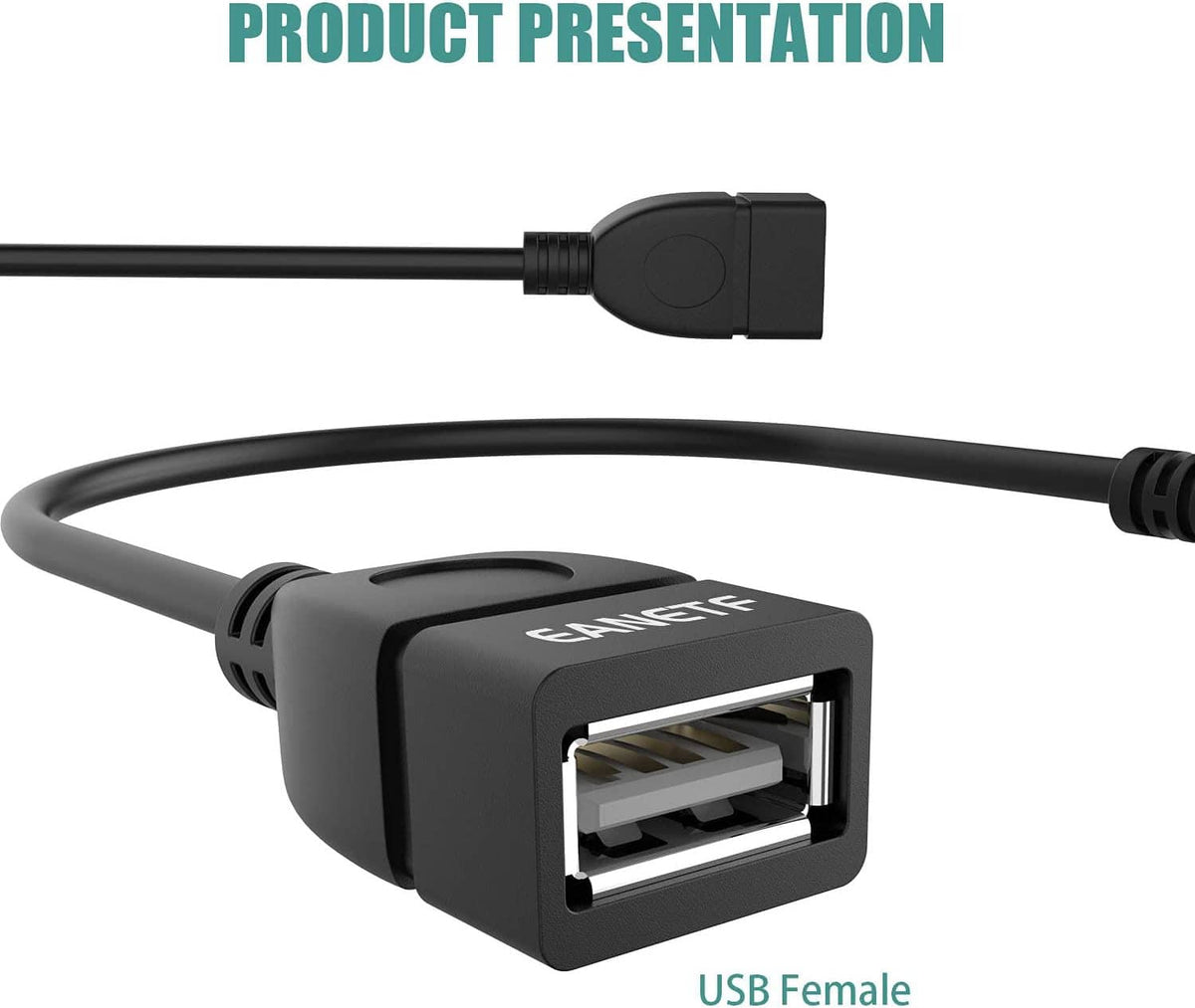 Black USB-female to 3.5mm AUX audio adapter with molded connector housing on cable