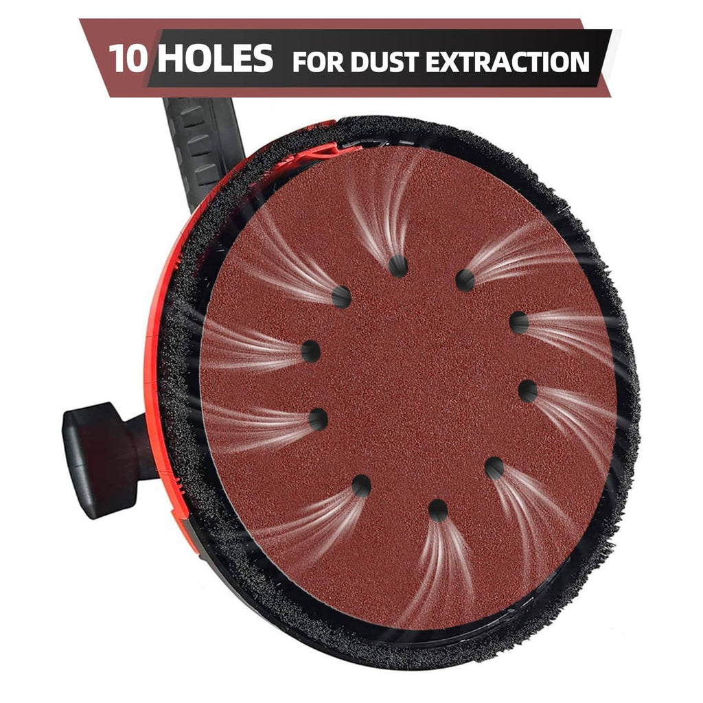 Round maroon 10-hole sanding disc on black hook backing with dust extraction ports