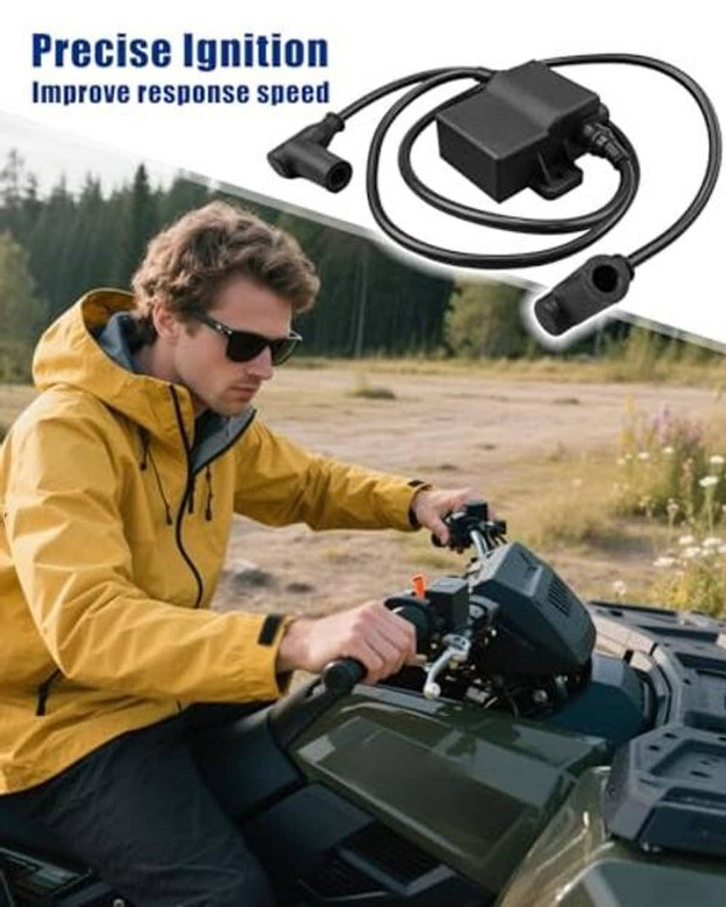 ATV rider outdoors with ignition controller coil shown by overlay