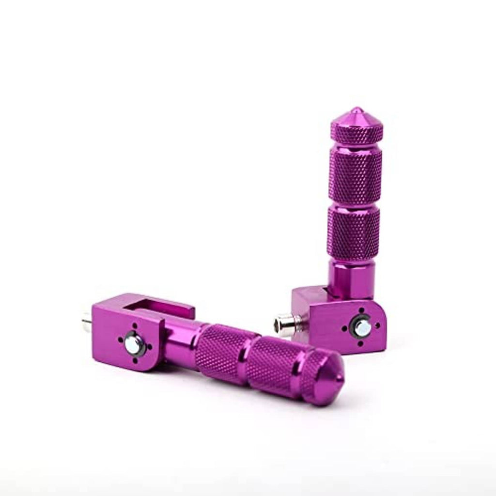 Purple CNC foldable foot pegs with textured grips and pivot hinge, pair