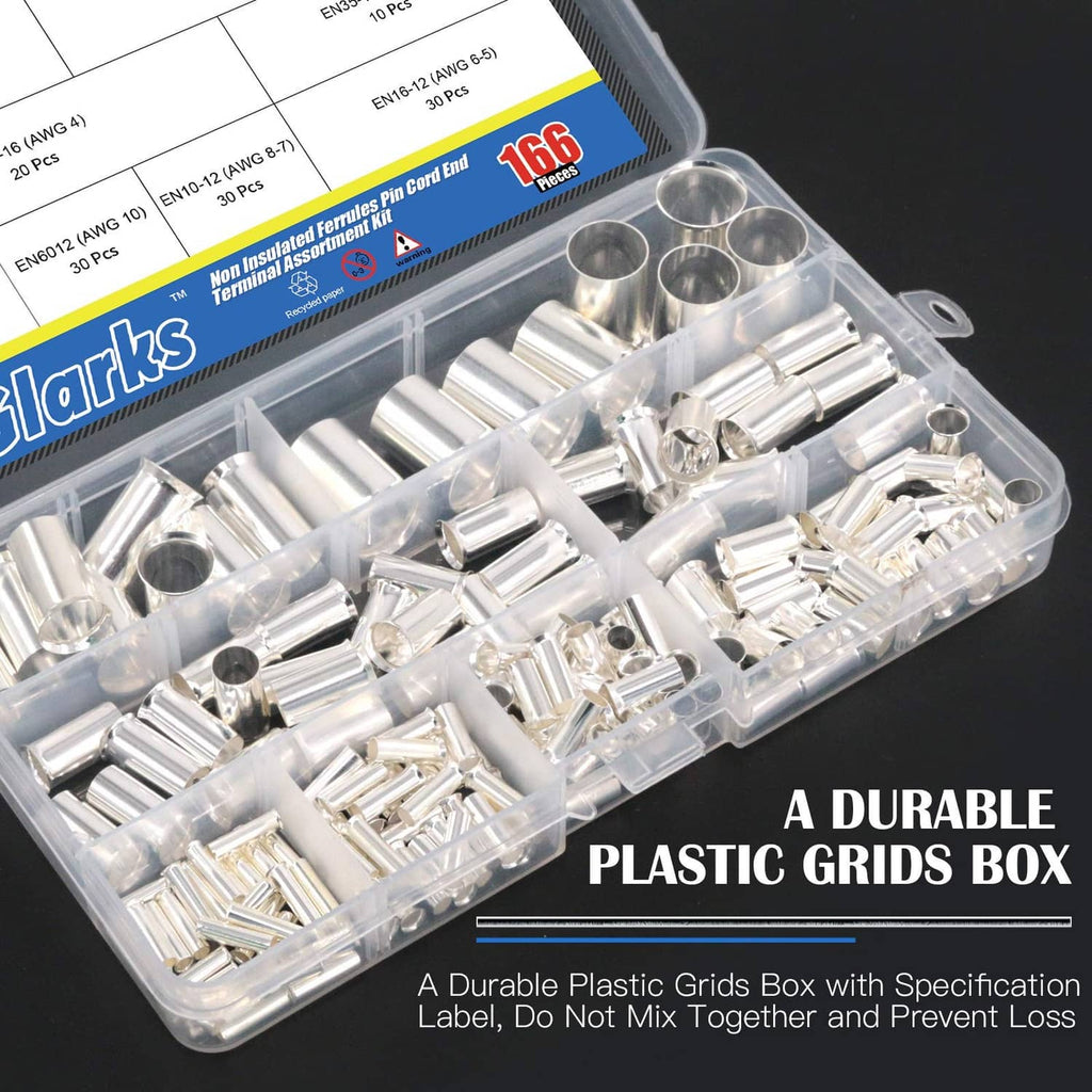 Glarks wire ferrules assortment in durable plastic grid box with labeled compartments