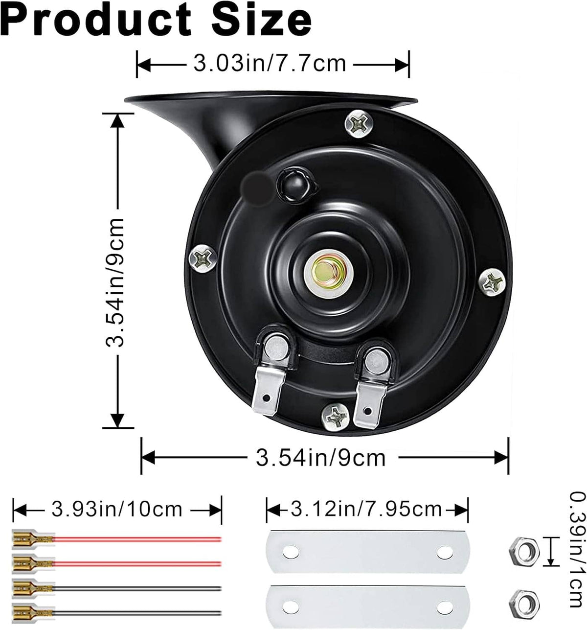 Dual electric car horn size diagram, black snail horns with dimensions