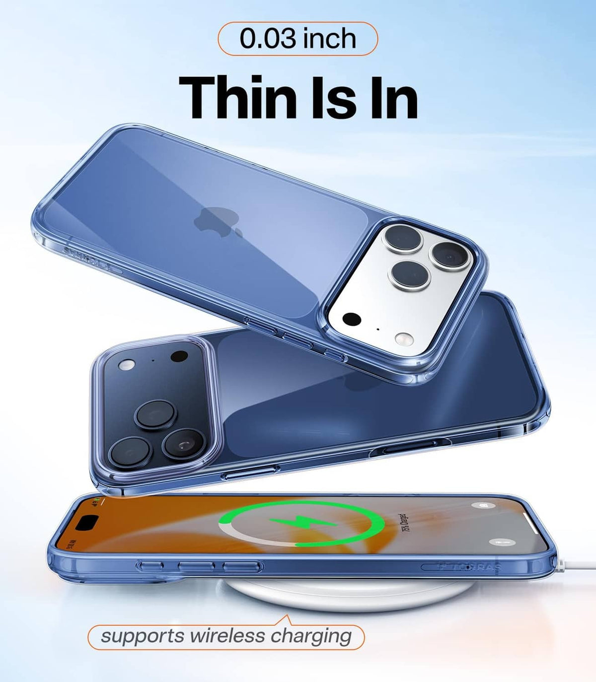 Thin blue clear iPhone 17 Pro Max case with wireless-charging support and buttons