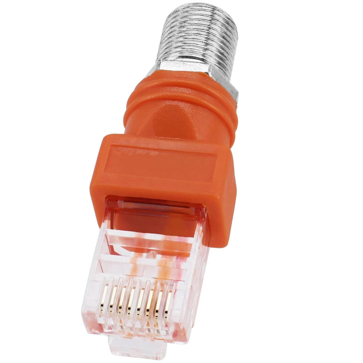 RF to RJ45 adapter with clear RJ45 male plug and orange strain relief plus metal threads