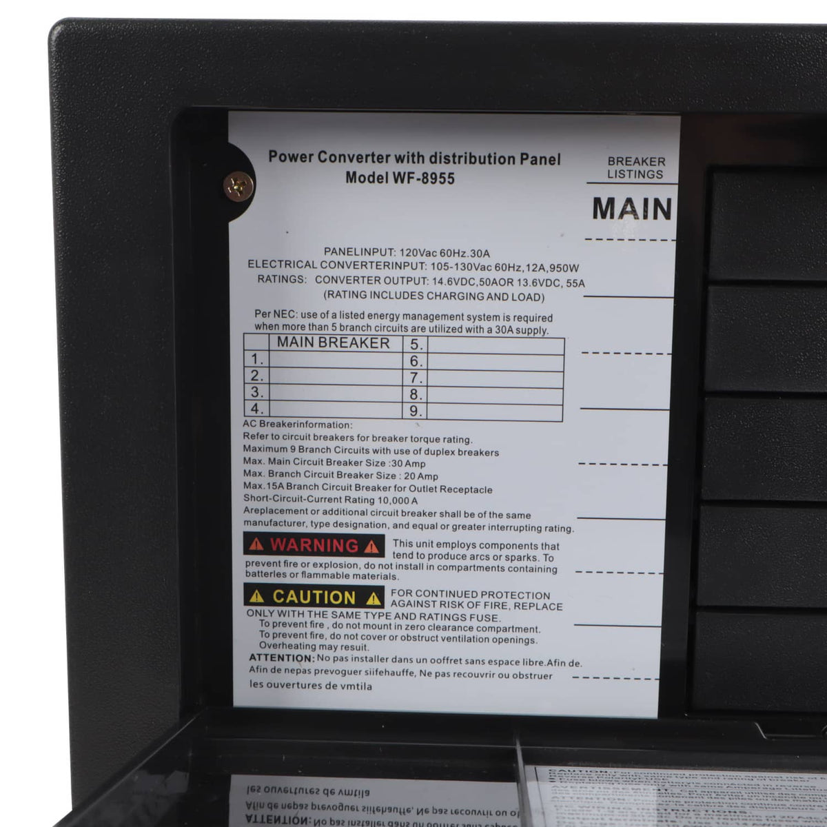 Main breaker and wiring instruction label on power converter distribution panel