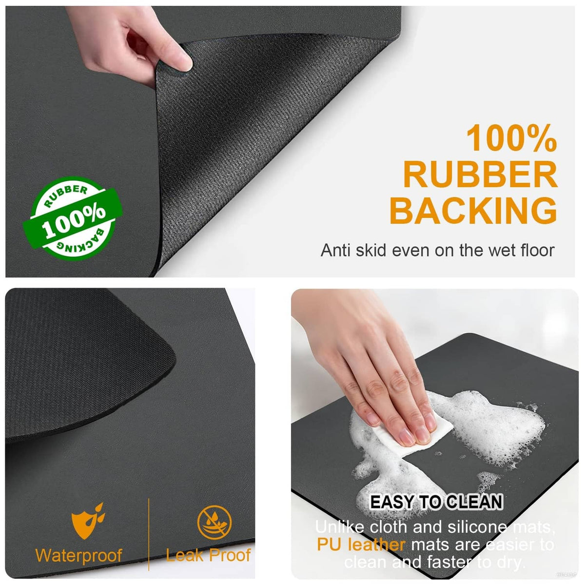 Deep gray mat with 100% rubber backing for anti-skid and easy wipe cleaning