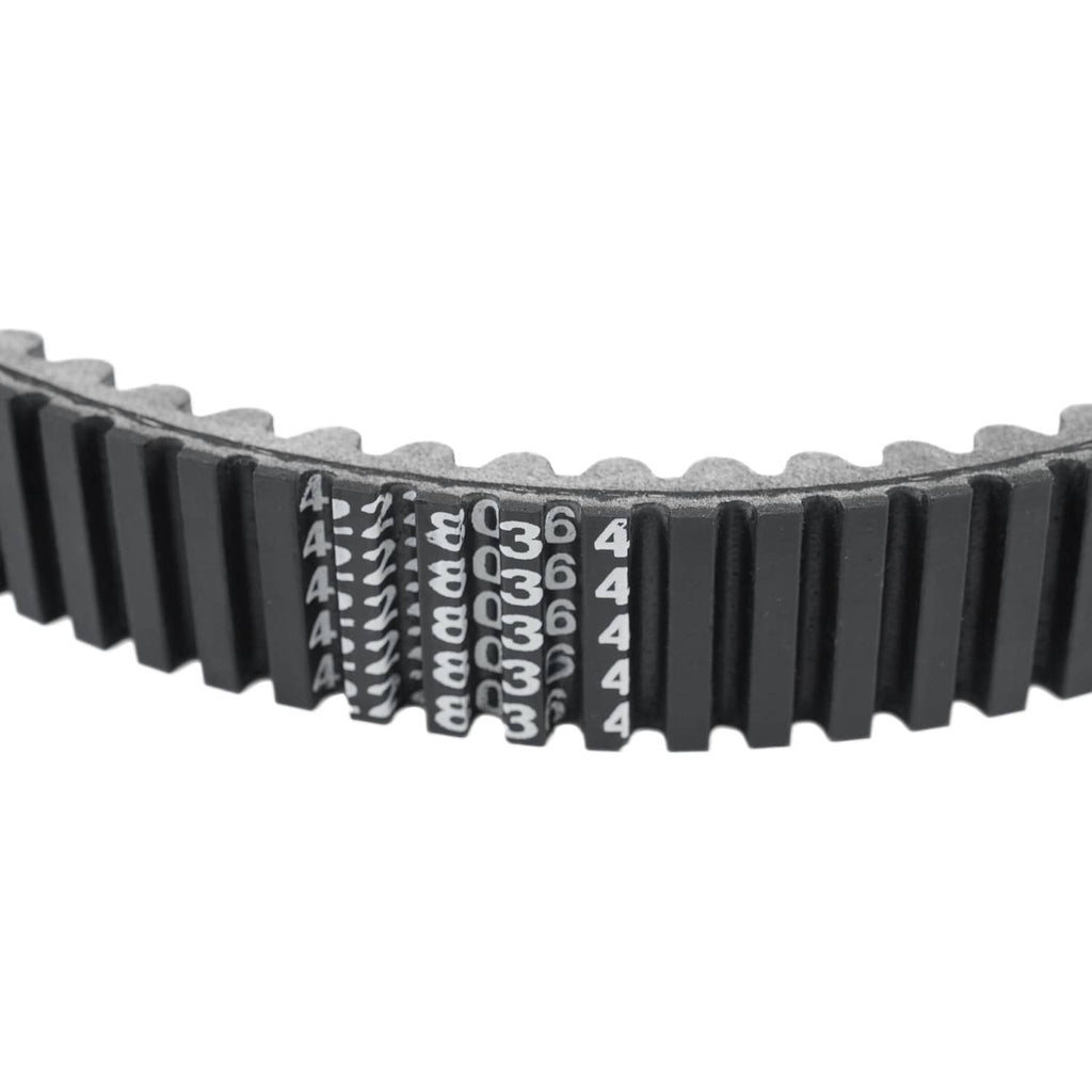 Close-up clutch drive belt with stamped numbers and ribbed tooth pattern