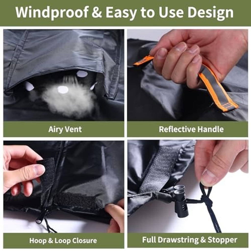 Black tire cover with air vent, reflective handle, and hook-and-loop closure