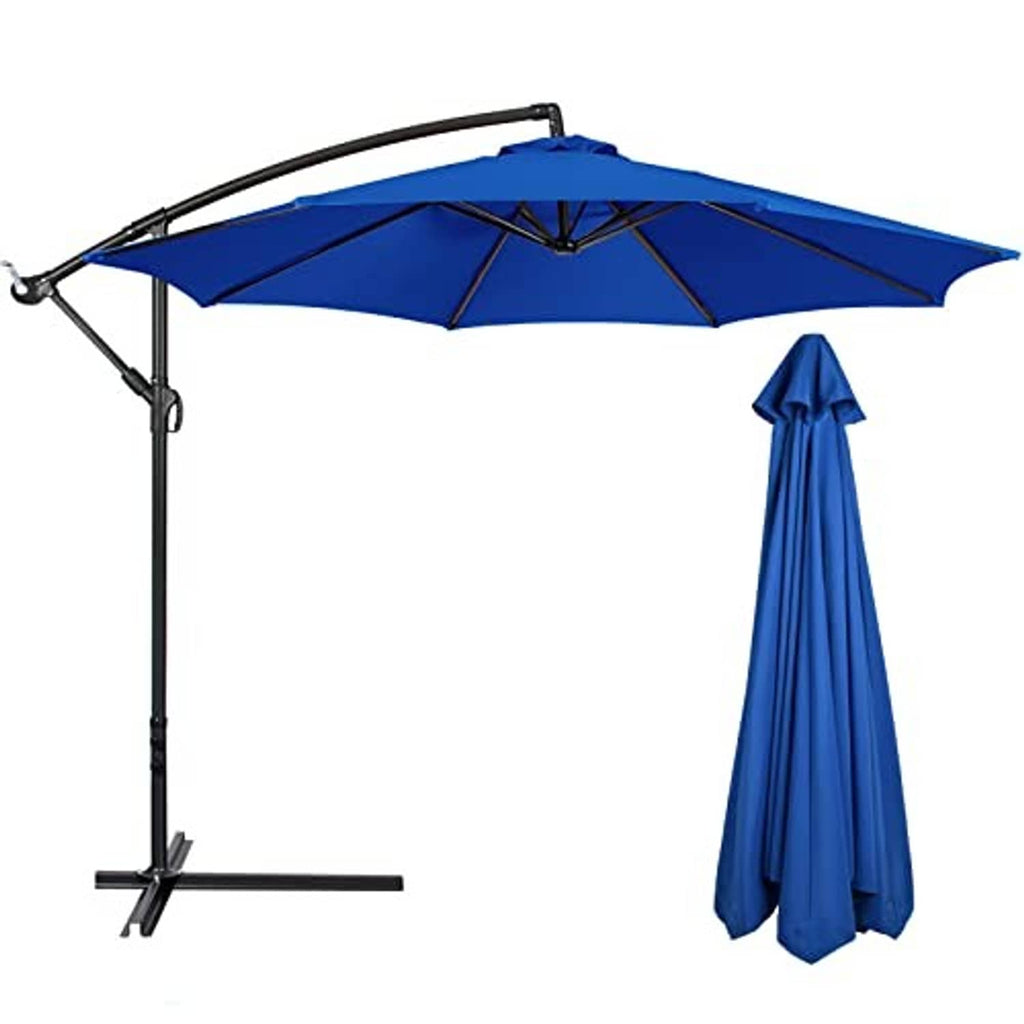 Navy blue umbrella canopy replacement with 8 ribs and matching hanging cover on stand