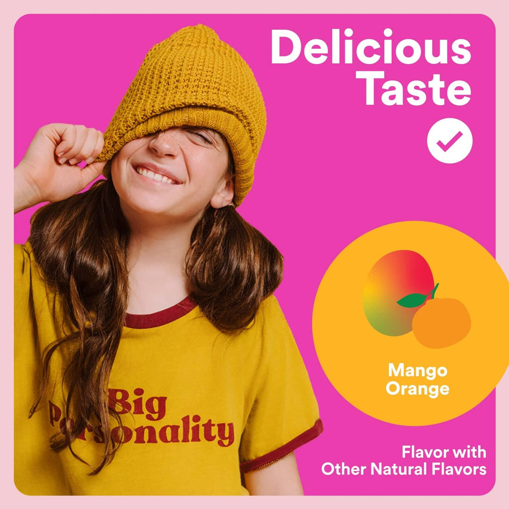 Teen girl wearing a yellow beanie with mango orange flavor icons for gummy supplement