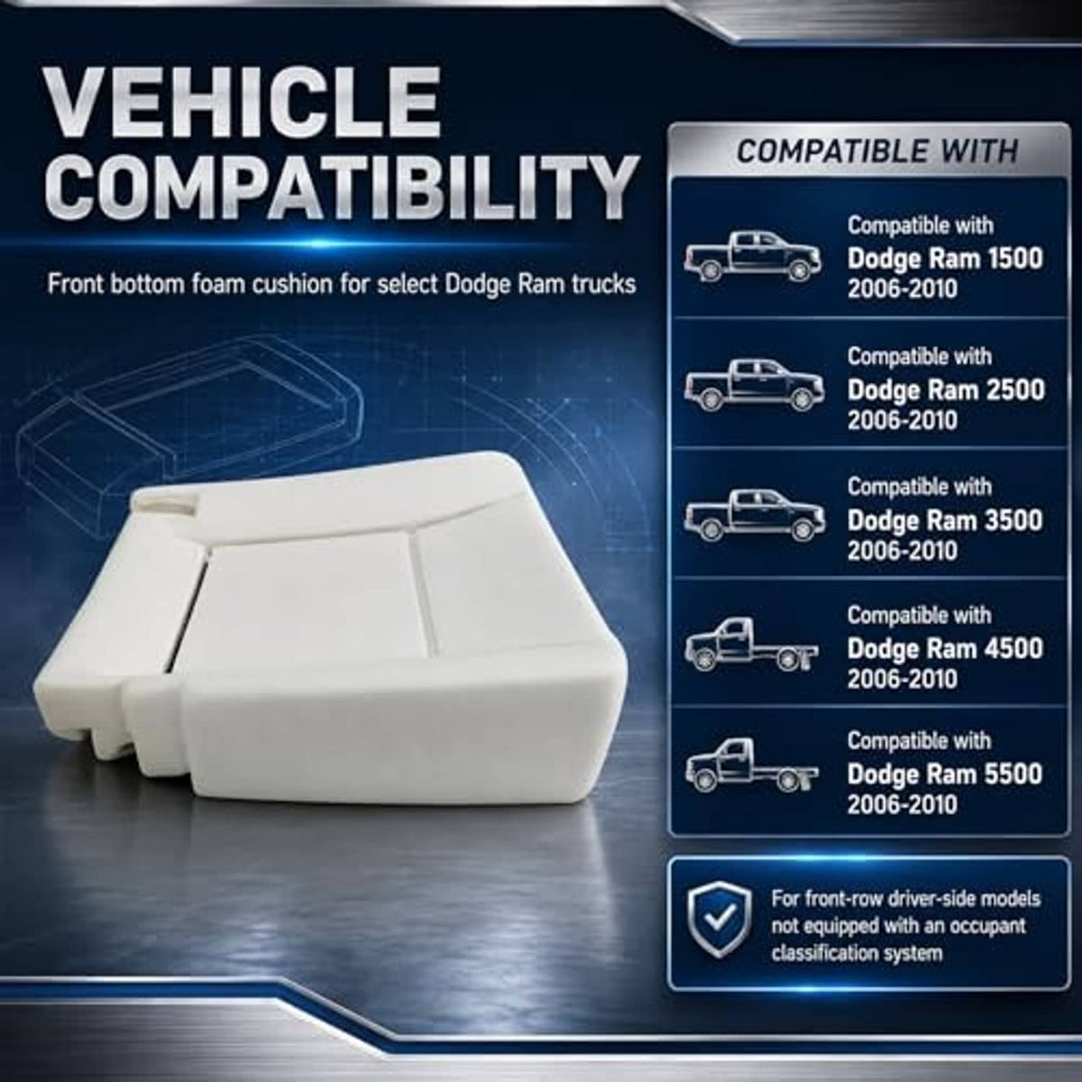 White front driver-side seat bottom foam cushion, angled view with side cutouts