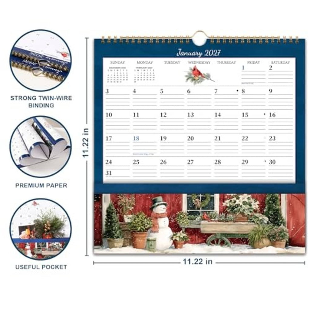 Wall calendar with pocket, spiral rings and inch size markings; January 2027 page