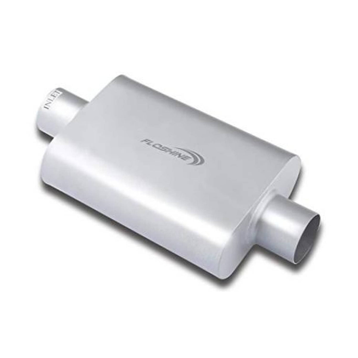 Universal dual-chamber muffler with 3 in inlet and 3 in outlet, silver finish