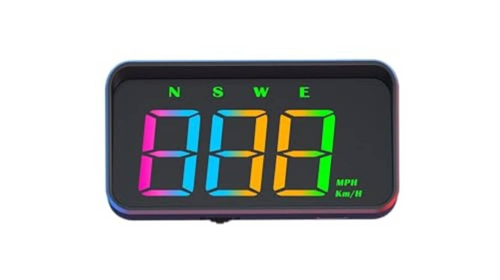 Front view of dark blue HUD projection display with multicolor 600 speed digits