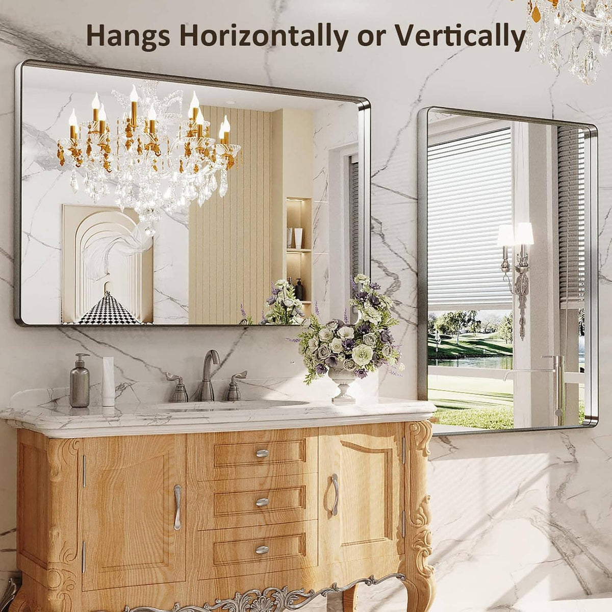 Wall-mounted bathroom mirror with rounded rectangle brushed nickel frame and reflective glass